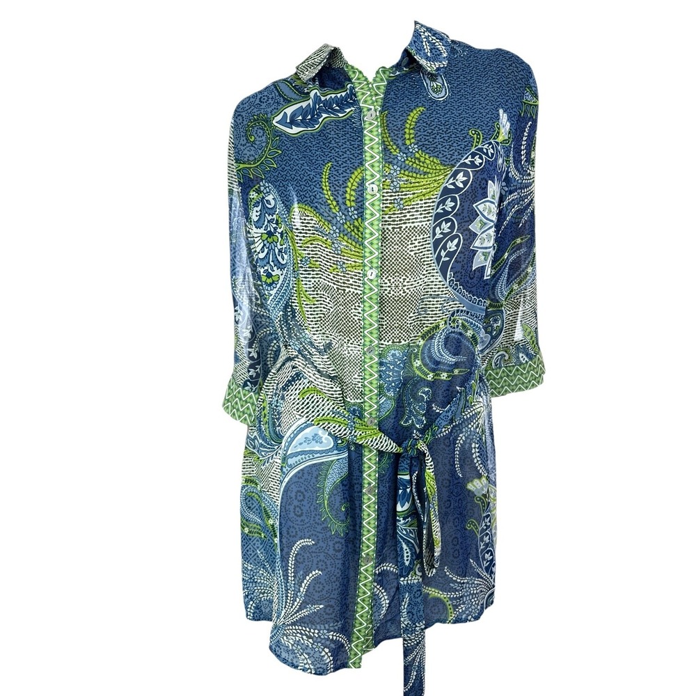 Susan Graver Sz L Sheer Blouse Tunic Blue,Green,Yellow wSash at Waist 3/4 Sleeve